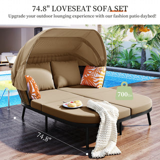 15097569TOPMAX 74.8" L Patio Daybed with Retractable Canopy, Outdoor Rattan PE Wicker Loveseat Sofa Set with Throw Pillows & Cushions for Backyard, Poolside, Garden (Brown)