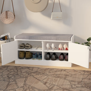 Shoe Storage Bench with 2 Door Cabinet, Cushioned Entryway Bench with Adjustable Shelves, Shoe Rack Bench for Entrance, Hallway, Bedroom - White and Gray