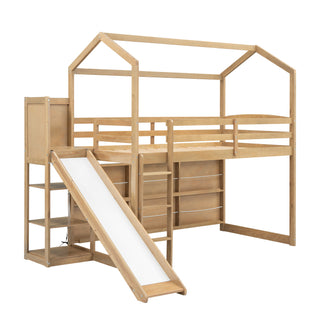 Twin Size Wood House Loft bed with Slide, Storage shelves and Light, Climbing Ramp, Wood Color