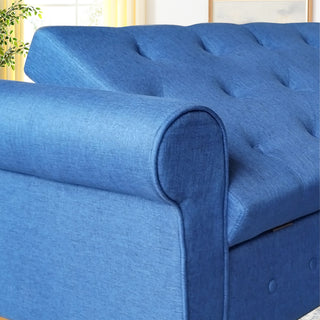 62" Bedroom Tufted Button Storage Bench, Modern Fabric Upholstered Ottoman, Window Bench, Rolled Arm Design for Bedroom, Living Room, Foyer (Blue)