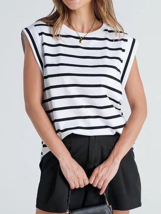 Striped Round Neck Cap Sleeve T-Shirt for Women