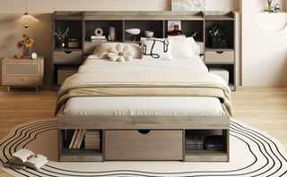 Queen Size Wood Platform Bed with Multi-storage Headboard and a Drawer, Gray