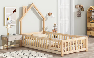 Twin House-Shaped Headboard Floor Bed with Fence – Natural Wooden Bed Frame