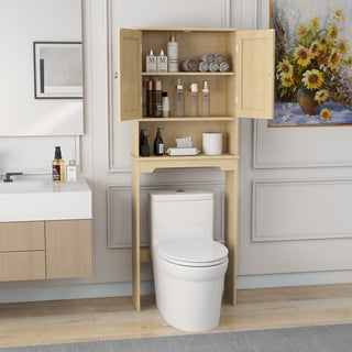 Over The Toilet Storage Cabinet, Bathroom Shelves Over Toilet with 2 Rattan Doors&Adjustable Shelves&Open Storage Shelf-Natural Wood