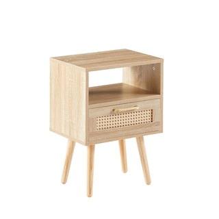 15.75" Rattan End table with  drawer and solid wood legs, Modern nightstand, side table for living room, bedroom,natural