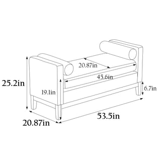 53.5"W Elegant Upholstered Bench, Ottoman with Wood Legs & Bolster Pillows for End of Bed, Bedroom, Living Room, Entryway, Ivory