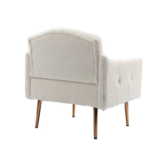 COOLMORE Modern Accent Chair with Arms, Tufted Decorative Fabric Armchair with Gold Metal Legs, Upholstered Reading Chair for Living Room Bedroom Office (White Teddy)