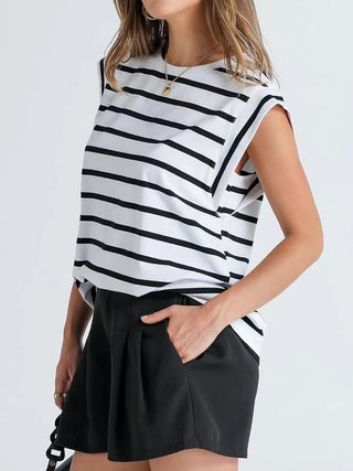 Striped Round Neck Cap Sleeve T-Shirt for Women