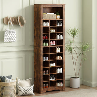 ON-TREND Stylish Design 30 Shoe Cubby Console, Contemporary Shoe Cabinet with Multiple Storage Capacity, Free Standing Tall Cabinet with Versatile Use for Hallway,  Bedroom, Rustic Brown