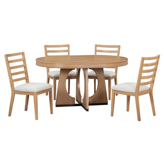 TREXM 5-Piece Retro Rustic Functional Dining Set – 1 Extendable Table with 16-Inch Leaf and 4 Upholstered Chairs, Unique Geometric Design, Ideal for Dining Room and Kitchen (Natural)