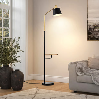 Real Marble Floor Lamp with Wood Bedside Nightstand End Table, Built-In USB Charging Port for Living Room, Bedroom, Matte Gold + Matte Black