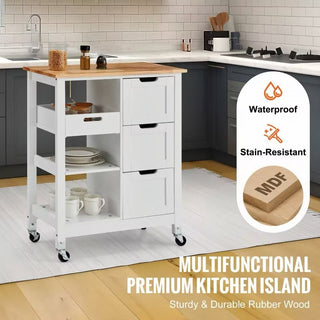 Rolling Small Kitchen Island Cart with Solid Wood Top, Mobile Utility Cart on Wheels with 3 Drawers and Storage Shelves, White Dining Room Serving Cabinet