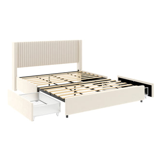 Anna Patented 2-Drawer Storage Bed Queen Size Ivory Velvet Upholstered Wingback Platform Bed, Modern Design Headboard with Tight Channel, Wooden Slat Mattress Support No Box Spring Needed