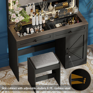 43.3in. Makeup Vanity Table with Large Mirror, Led Light, Adjustable Brightness, 3 Drawers, and Stool (Black)