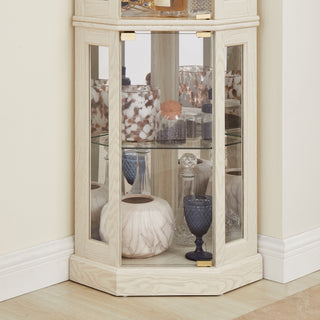 Corner Glass Cabinet Lighted Curio Cabinet – Corner Display Case for Living Room, Antique Collection, Wine, Bar Glass Storage with Light, Antique White