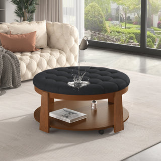 Modern Large Round Ottoman Coffee Table 2-Tier Oversized Button Tufted Ottoman with Wood Shelf Storage Upholstered Coffee Table for Living Room Footrest Ottoman with wheel, waterproof Linen