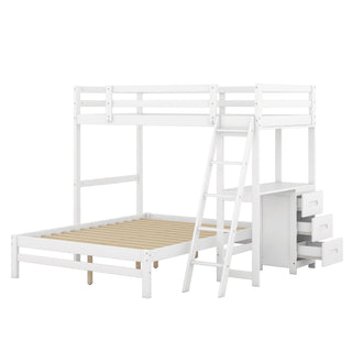 Twin over Full Bunk Bed with Built-in Desk and Three Drawers, White