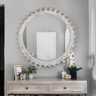 Vintage 34'' x 34'' Round Hanging Gear-Shaped Mirror - Antique White Washed Decorative Wall Mirror for Bathroom, Living Room & Entryway