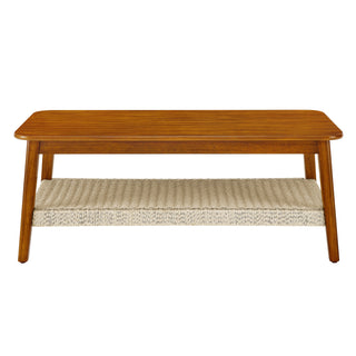 47.25" Mid-Century Coffee Table with Woven Shelf – Boho Rattan Storage Coffee Table, Farmhouse Wood Low Rectangle Tea Table for Living Room, Bedroom, Patio, Home Office