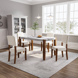 5-Piece Modern Dining Furniture Set, 4-Person Space-Saving Dinette for Kitchen, 46" Faux Marble Style Table and 4 Upholstered Chairs with Solid Rubberwood Legs