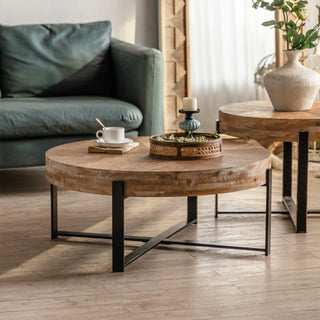 31.29"Modern Retro Splicing Round Coffee Table, Fir Wood Table Top with Black Cross Legs Base(Same SKU:W75770652)