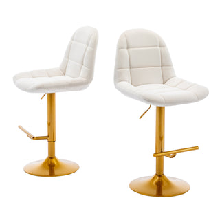 Velvet Swive Bar Stools Set of 2 Adjustable Counter Height Bar Chairs with Back Gold Base Modern Stool Chair for Kitchen Island Dining Room, White