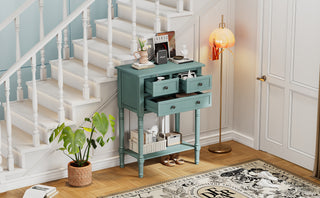 TREXM Narrow Console Table, Slim Sofa Table with Three Storage Drawers and Bottom Shelf (Light Blue)