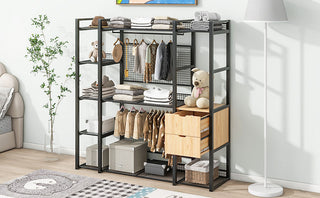 Open-Style Wardrobe with Hanging Rails, Shelves and Drawers, Black