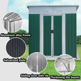 5X3 Feet Small Mini Outdoor Storage Sheds Pent Roof Green With Aluminum Alloy Frame And Sliding Door