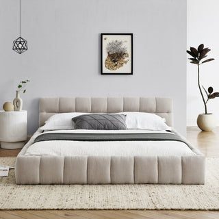 Queen Size Upholstered Bed Frame with Thick Fabric, Chenille Fabric Grounded Queen Size Platform Bed with Headboard and Solid Frame. No Box Spring Needed, Beige(68''*86.5''*23.5'')