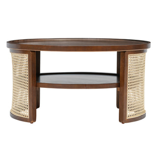 2-Tiered Round Walnut Wood Coffee Table with Storage Rattan Base in 31.3''