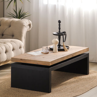 Black and Natural Wood Living Room Coffee Table, 2-Tiered Wood Tabletop, 47.6" L x 23.6" W x 16.3" H