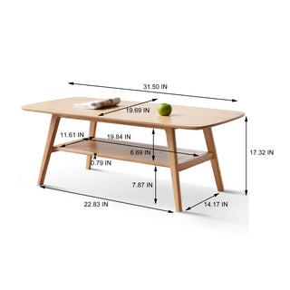 Center Table Low Table 100% Solid Wood Coffee Table with Storage Shelf, 80x50x44 cm, Natural Wood Writing Desk for Study or Work from Home, Easy to Assemble