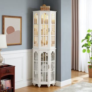 Corner Curio Cabinet with 4 Adjustable Glass Shelves & Lighting, Solid Wood Legs, Acrylic Mirrored Back Panel