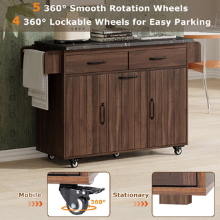 K&K Kitchen Island with Trash Can Storage Cabinet, Drop Leaf, Spice Rack, Towel Rack, Drawer, Rolling Kitchen Cart on Wheels with Adjustable Shelf, Walnut Brown