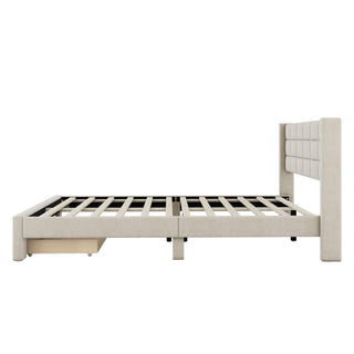 Queen Size Upholstered Platform Bed with A Big Drawer, Beige