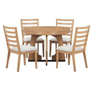 TREXM 5-Piece Retro Rustic Functional Dining Set – 1 Extendable Table with 16-Inch Leaf and 4 Upholstered Chairs, Unique Geometric Design, Ideal for Dining Room and Kitchen (Natural)