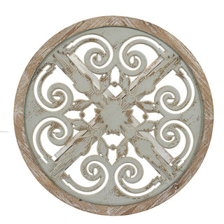 24x28.5" Round Wooden Carved Table, Distressed White Finish Design