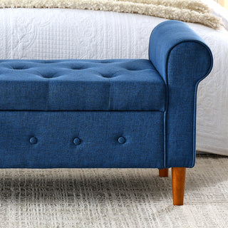 62" Bedroom Tufted Button Storage Bench, Modern Fabric Upholstered Ottoman, Window Bench, Rolled Arm Design for Bedroom, Living Room, Foyer (Blue)