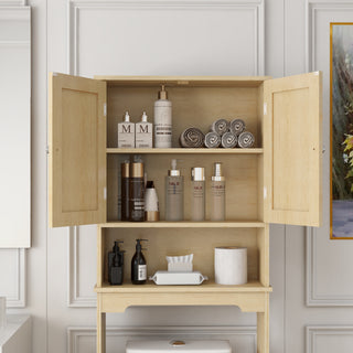 Over The Toilet Storage Cabinet, Bathroom Shelves Over Toilet with 2 Rattan Doors&Adjustable Shelves&Open Storage Shelf-Natural Wood