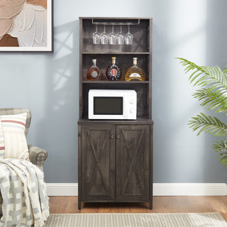 Coffee Bar Cabinet with Microwave Stand & Metal Frame – Side Home Source Bar Cabinet with Hollow-Out Barn Design – Charcoal Gray – 26.77" x 15.75" x 67.32"