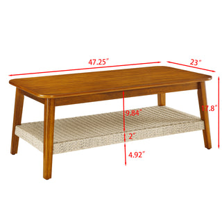 47.25" Mid-Century Coffee Table with Woven Shelf – Boho Rattan Storage Coffee Table, Farmhouse Wood Low Rectangle Tea Table for Living Room, Bedroom, Patio, Home Office