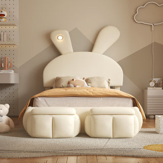 Twin Size Upholstered Platform Bed with Cartoon Ears Shaped Headboard and Light, Beige