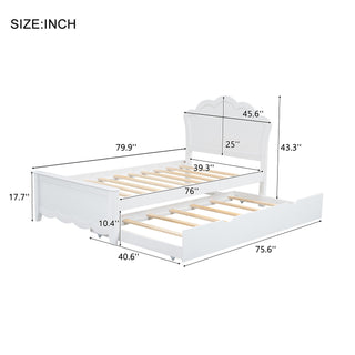 Twin Size Wood Platform Bed with Headboard and Twin Size Trundle, White