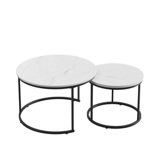 Nesting Coffee Table Set of 2, 27.6inch Round Coffee Table Wood Marble Pattern Top with Sturdy Metal Frame, End Table Side Tables for Living Room Bedroom Balcony Yard (White)