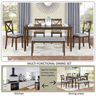 6 Piece Kitchen Dining Set, Rectangular Wooden Dining Table with 4 Upholstered Chairs and a Bench, Dining Table Set for 6 People, Living Room, Home Bar and Kitchen, Walnut