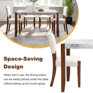 5-Piece Modern Dining Furniture Set, 4-Person Space-Saving Dinette for Kitchen, 46" Faux Marble Style Table and 4 Upholstered Chairs with Solid Rubberwood Legs