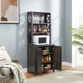 Coffee Bar Cabinet with Microwave Stand & Metal Frame – Side Home Source Bar Cabinet with Hollow-Out Barn Design – Charcoal Gray – 26.77" x 15.75" x 67.32"