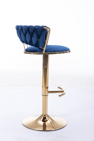 Set of 2  Bar Stools,with Chrome Footrest and Base Swivel Height Adjustable Mechanical Lifting Velvet + Golden Leg Simple Bar Stool-BLUE