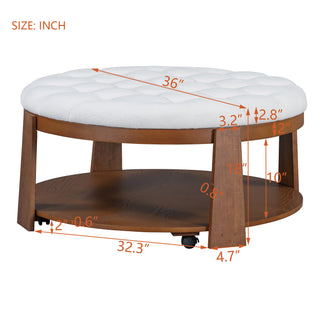 Modern Large Round Ottoman Coffee Table 2-Tier Oversized Button Tufted Ottoman with Wood Shelf Storage Upholstered Coffee Table for Living Room Footrest Ottoman with wheel, waterproof Linen